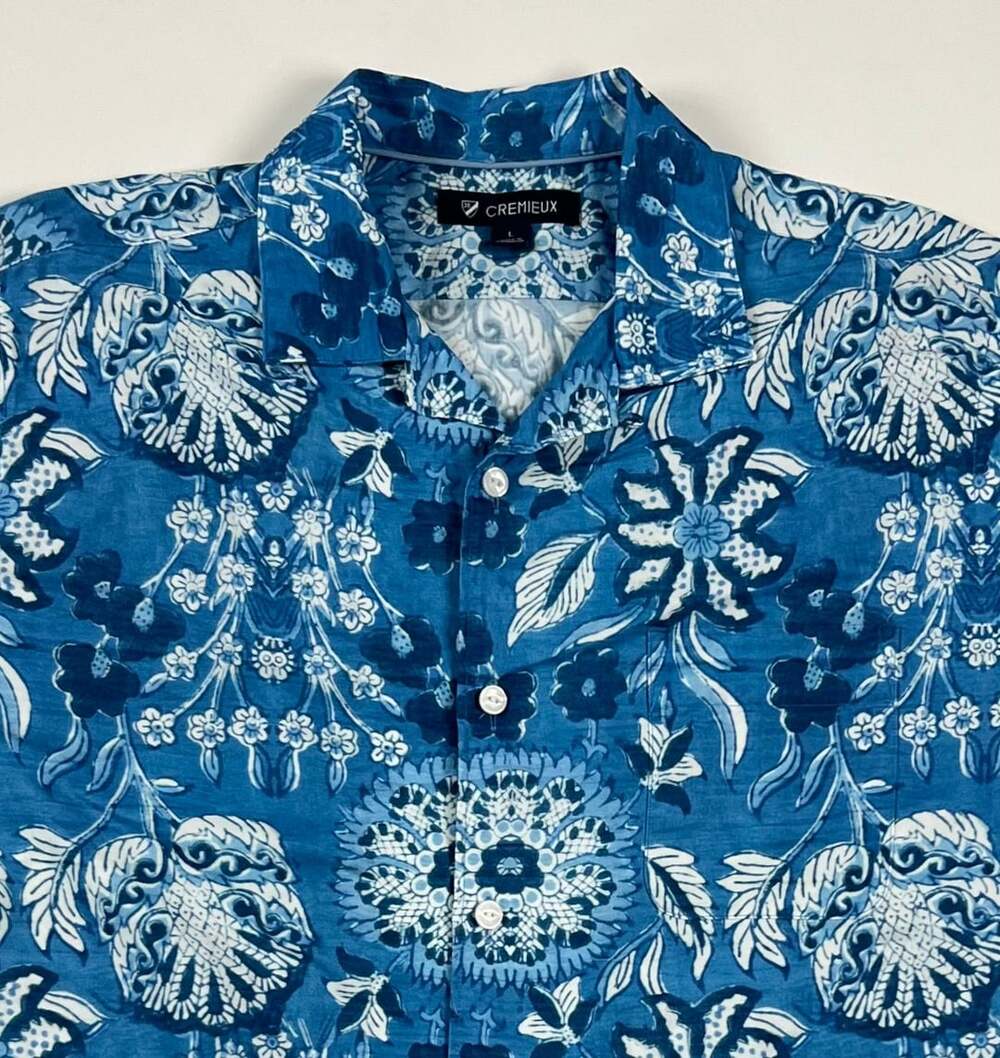 Cremieux Men's Blue White Floral Print Short Sleeve Button Up Shirt Size L